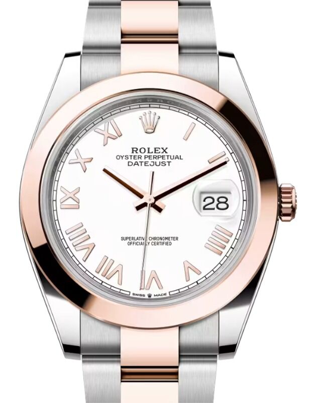 Rolex Datejust 41 Rose Gold/Steel White Roman Dial Smooth Bezel Oyster Bracelet 126301