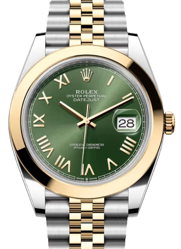 Rolex Datejust 41 Yellow Gold/Steel Olive Green Roman Dial Smooth Bezel Jubilee Bracelet 126303