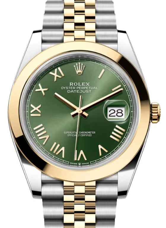 Rolex Datejust 41 Yellow Gold/Steel Olive Green Roman Dial Smooth Bezel Jubilee Bracelet 126303