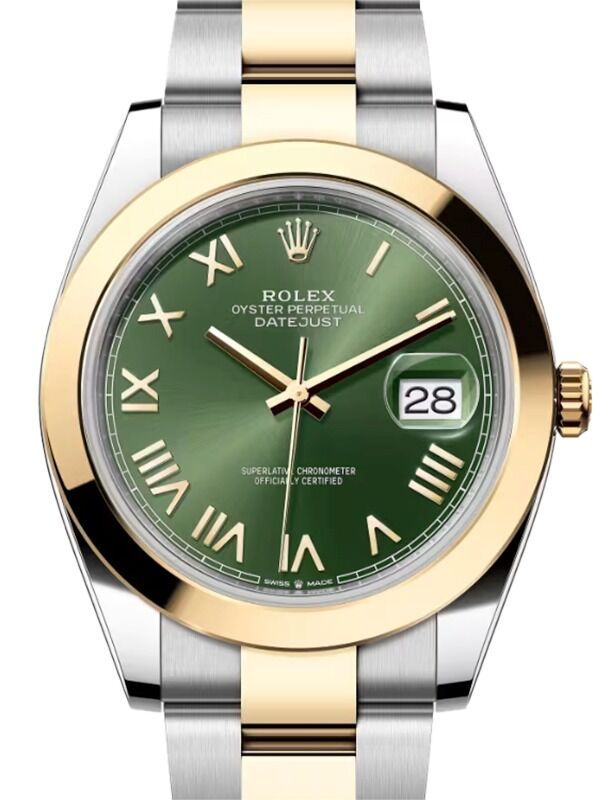 Rolex Datejust 41 Yellow Gold Olive Green Roman Dial Smooth Bezel Oyster Bracelet 126303