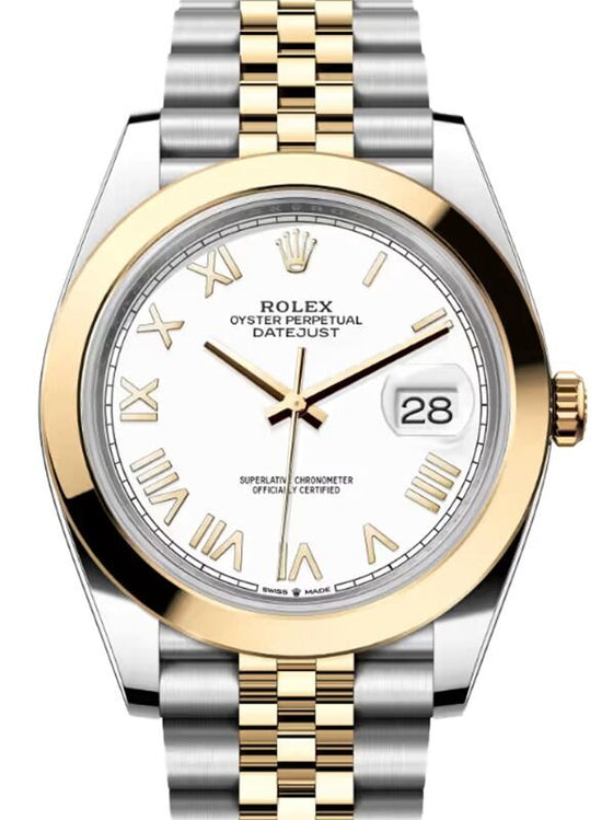 Rolex Datejust 41 Yellow Gold/Steel White Roman Dial Smooth Bezel Jubilee Bracelet 126303
