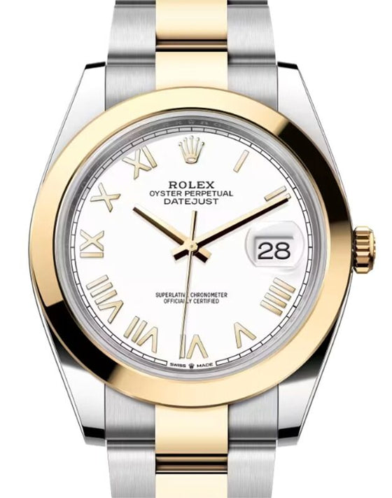 Rolex Datejust 41 Yellow Gold/Steel White Roman Dial Smooth Bezel Oyster Bracelet 126303
