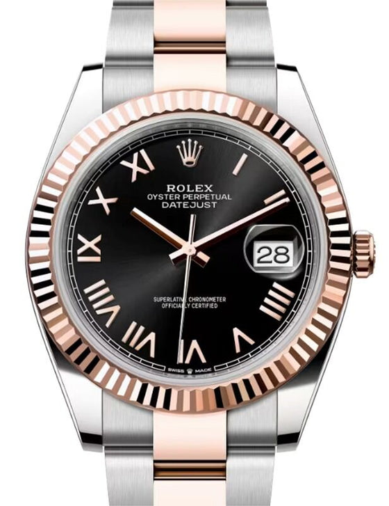 Rolex Datejust 41 Rose Gold/Steel Bright Black Roman Dial Fluted Bezel Oyster Bracelet 126331