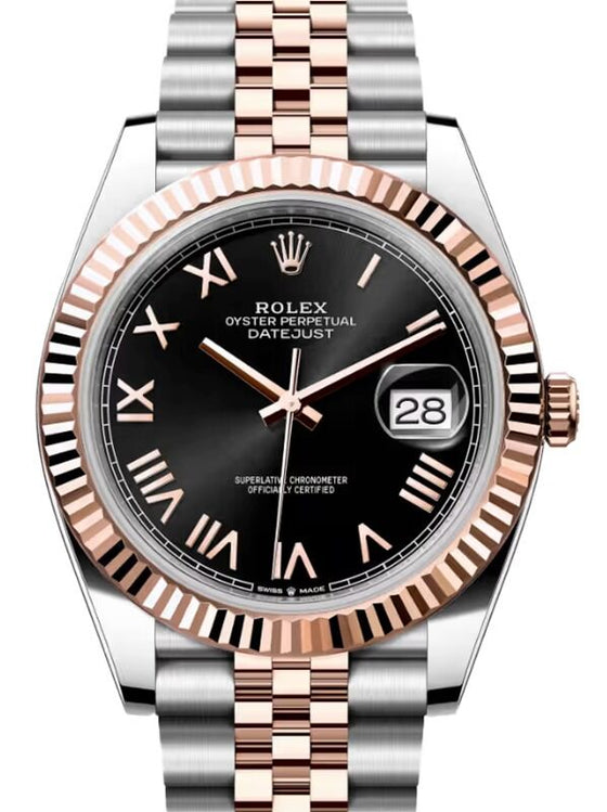 Rolex Datejust 41 Rose Gold/Steel Bright Black Roman Dial Fluted Bezel Jubilee Bracelet 126331