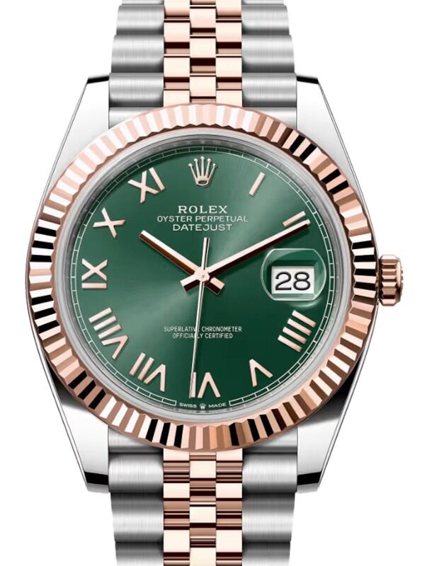 Rolex Datejust 41 Rose Gold/Steel Mint Green Roman Dial Fluted Bezel Jubilee Bracelet 126331