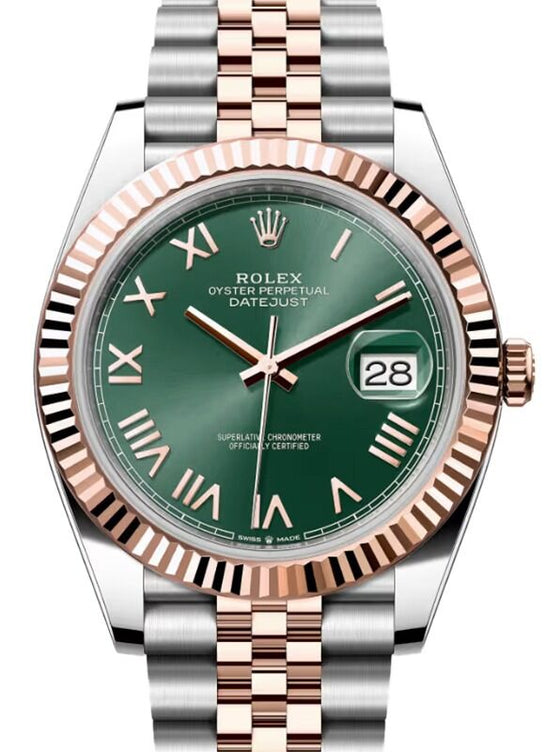 Rolex Datejust 41 Rose Gold/Steel Mint Green Roman Dial Fluted Bezel Jubilee Bracelet 126331