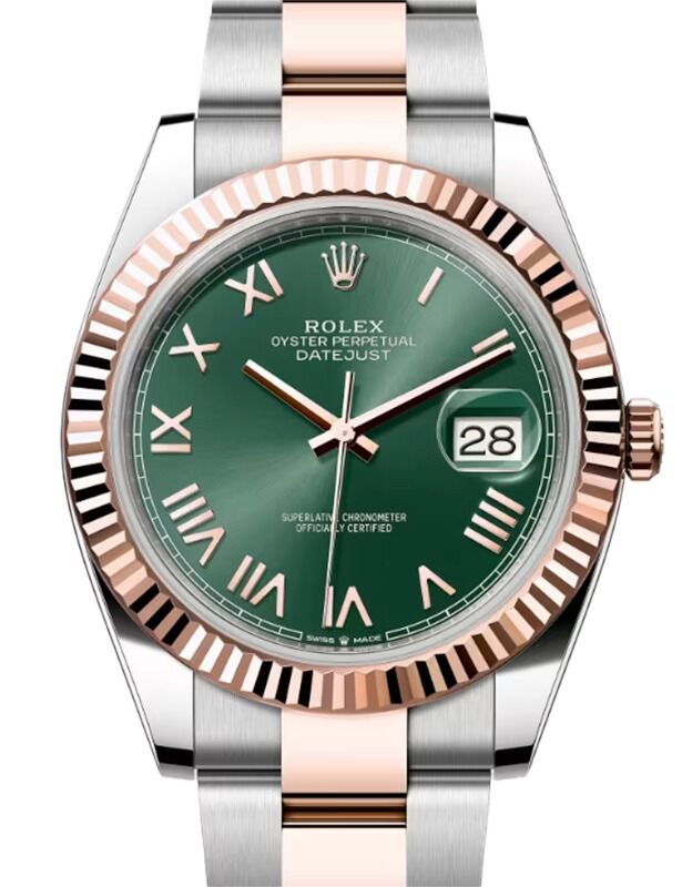 Rolex Datejust 41 Rose Gold/Steel Mint Green Roman Dial Fluted Bezel Oyster Bracelet 126331