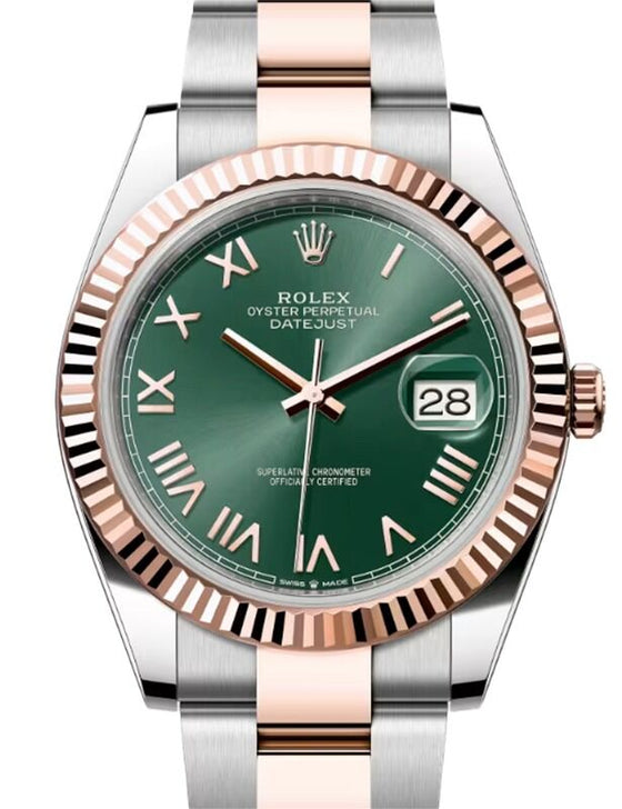 Rolex Datejust 41 Rose Gold/Steel Mint Green Roman Dial Fluted Bezel Oyster Bracelet 126331