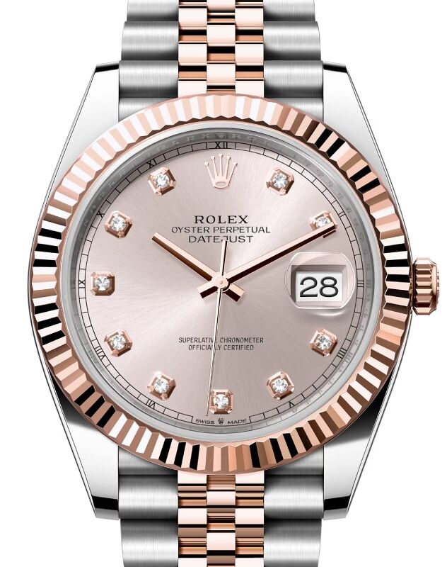 Rolex Datejust 41 Rose Gold/Steel Sundust Diamond Dial Fluted Bezel Jubilee Bracelet 126331