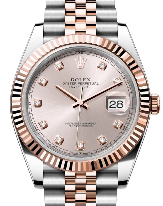 Rolex Datejust 41 Rose Gold/Steel Sundust Diamond Dial Fluted Bezel Jubilee Bracelet 126331