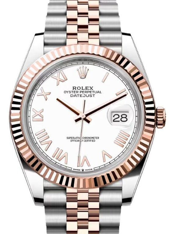 Rolex Datejust 41 Rose Gold/Steel White Roman Dial Fluted Bezel Jubilee Bracelet 126331