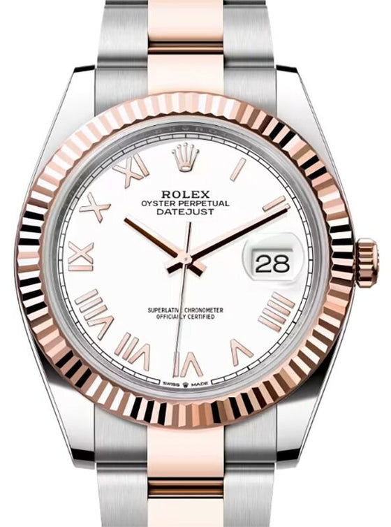 Rolex Datejust 41 Rose Gold/Steel White Roman Dial Fluted Bezel Oyster Bracelet 126331