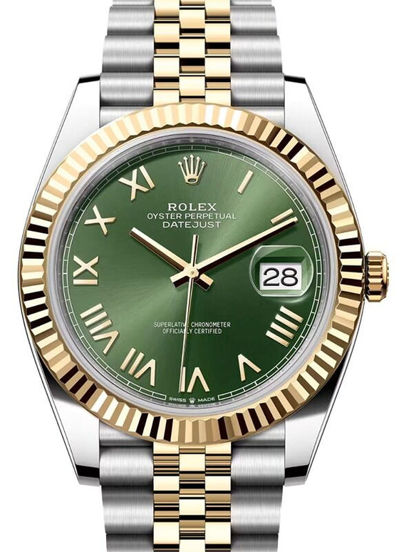 Rolex Datejust 41 Yellow Gold/Steel Olive Green Roman Dial Fluted Bezel Jubilee Bracelet 126333
