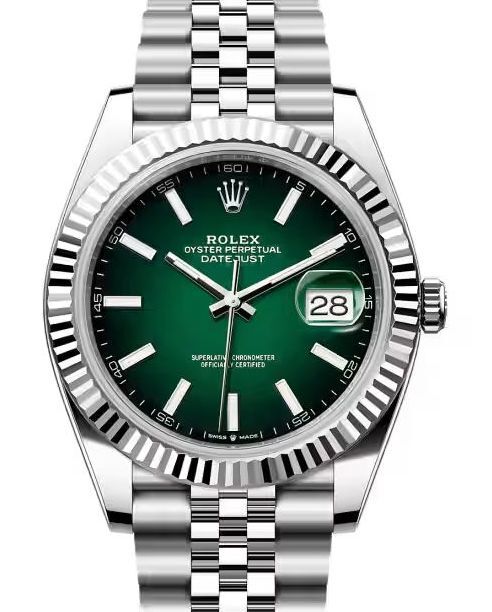 Rolex Datejust 41 White Gold/Steel Green Ombre Index Dial Fluted Bezel Jubilee Bracelet 126334