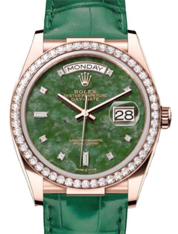 Rolex Day-Date 36 Rose Gold Green Wyoming Jade Diamond Dial & Bezel Leather Strap 128145RBR