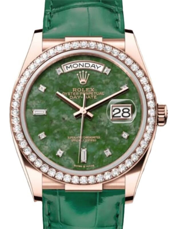 Rolex Day-Date 36 Rose Gold Green Wyoming Jade Diamond Dial & Bezel Leather Strap 128145RBR