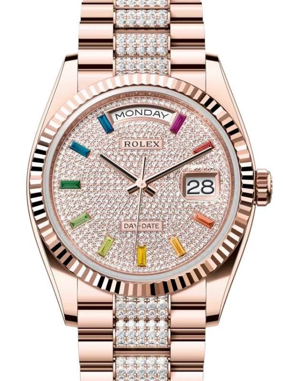 Rolex Day-Date 36 President Rose Gold Rainbow Colored Sapphires Dial Fluted Bezel Diamond Bracelet 128235