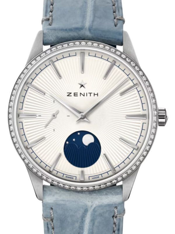 Zenith Elite Moonphase Steel Diamond Silver Index Dial 36mm Leather Strap 16.3200.692/01.C832