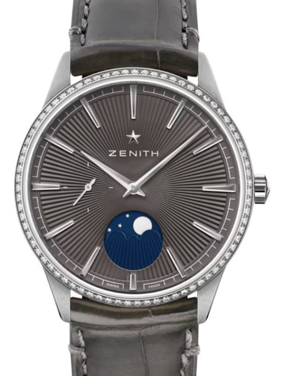 Zenith Elite Moonphase Steel Diamond Grey Index Dial 36mm Leather Strap 16.3200.692/03.C833