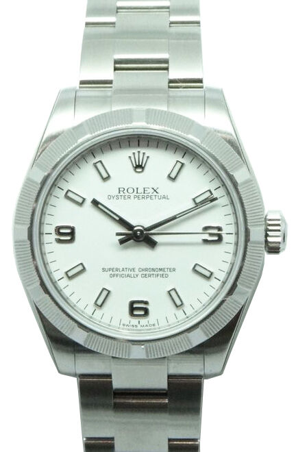 Rolex Oyster Perpetual 31 Ladies Midsize Stainless Steel White Arabic / Index Dial Engine-Turned Bezel & Oyster Bracelet 177210