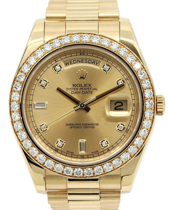 Rolex Day-Date II Yellow Gold 41mm Champagne Diamond Dial & Diamond Bezel President Bracelet 218348