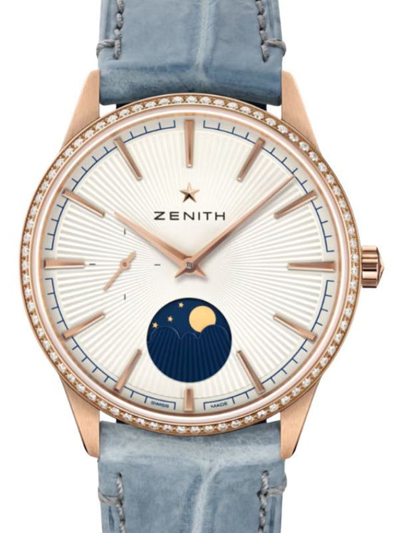 Zenith Elite Moonphase Rose Gold Diamond Silver Index Dial 36mm Leather Strap 22.3200.692/01.C832