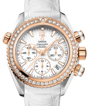 Omega 222.28.38.50.04.001 Planet Ocean 600M Co-Axial Chronograph 37.5mm White Diamond Bezel Rose Gold SS Leather