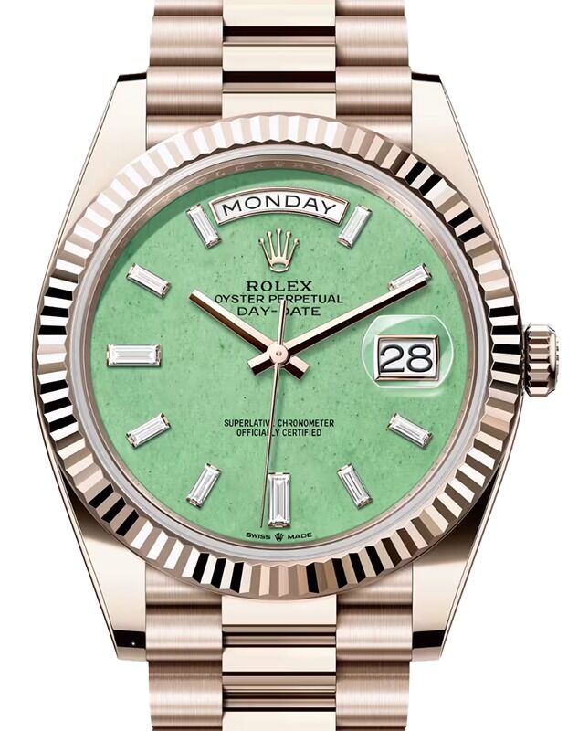 Rolex Day-Date 40 President Rose Gold Light Green Aventurine Baguette Diamond Dial 228235JG