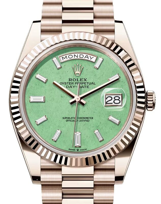 Rolex Day-Date 40 President Rose Gold Light Green Aventurine Baguette Diamond Dial 228235JG