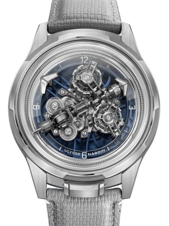 Ulysse Nardin Super Freak Limited Edition White Gold 44mm Blue Skeleton Dial Rubber Strap 2520-500LE-3A-BLUE/3A
