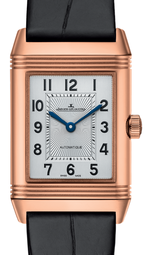 Jaeger-LeCoultre Calibre 968A Reverso Classic Medium Duetto 2572420 Silver / Black Guilloche Rose Gold Leather 40.1 x 24.4mm Automatic
