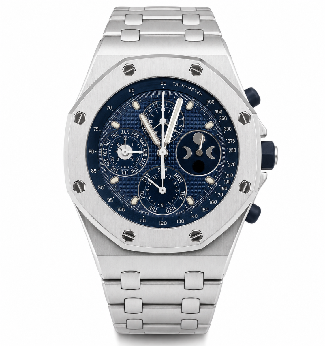 Audemars Piguet Royal Oak Offshore 44mm Beast Perpetual Calendar Chronograph Stainless Steel Blue Index Dial Bracelet 25854ST.OO.1150.ST.01