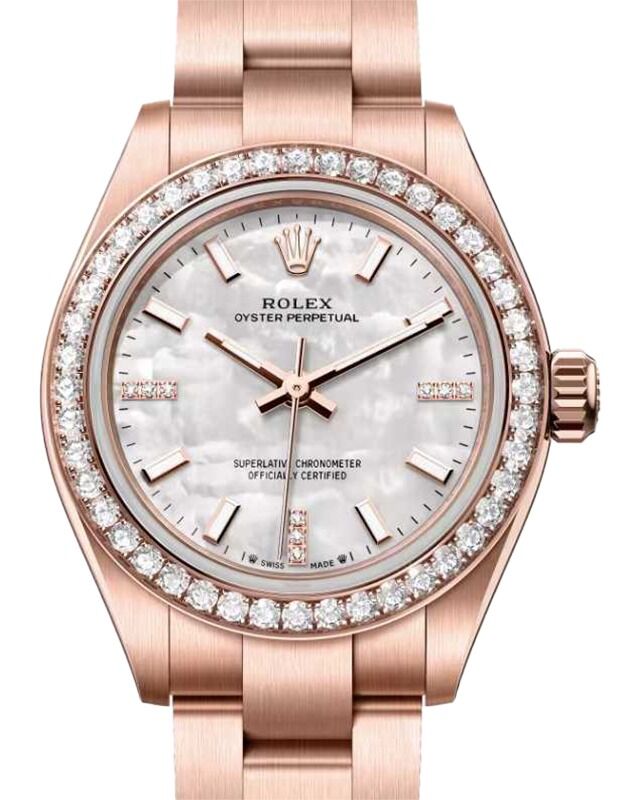Rolex Oyster Perpetual 28 Rose Gold White Mother of Pearl Diamond Dial & Bezel 276245RBR
