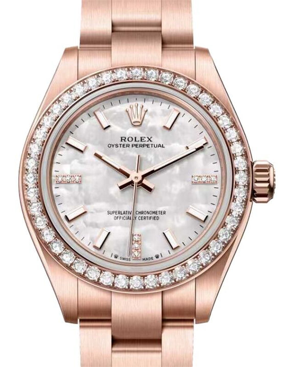 Rolex Oyster Perpetual 28 Rose Gold White Mother of Pearl Diamond Dial & Bezel 276245RBR