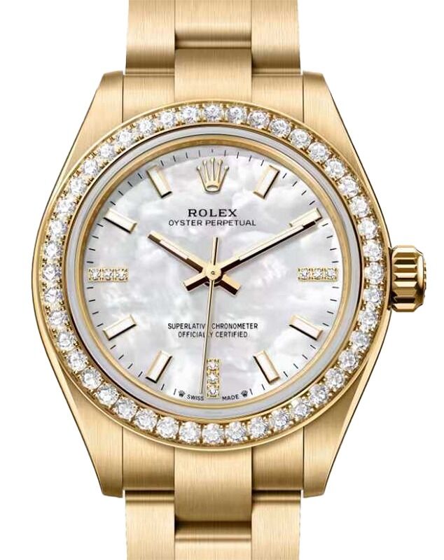 Rolex Oyster Perpetual 28 Yellow Gold White Mother of Pearl Diamond Dial & Bezel 276248RBR
