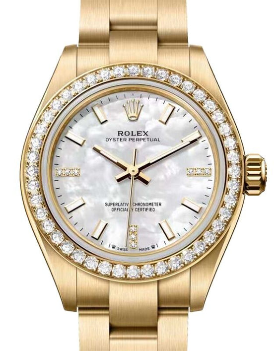 Rolex Oyster Perpetual 28 Yellow Gold White Mother of Pearl Diamond Dial & Bezel 276248RBR