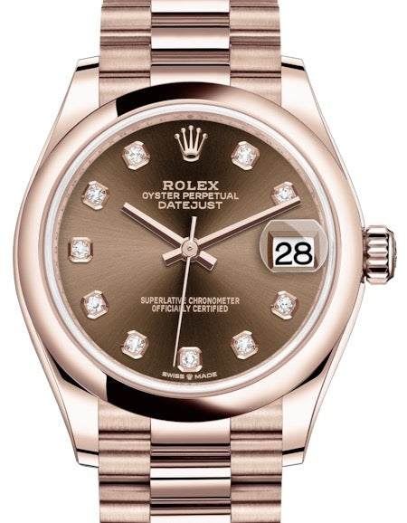Rolex Datejust 31 Lady Midsize Rose Gold Chocolate Diamond Dial & Smooth Domed Bezel President Bracelet 278245