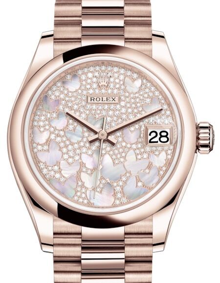 Rolex Datejust 31 Lady Midsize Rose Gold Diamond Pave Mother of Pearl Butterfly Dial & Smooth Domed Bezel President Bracelet 278245