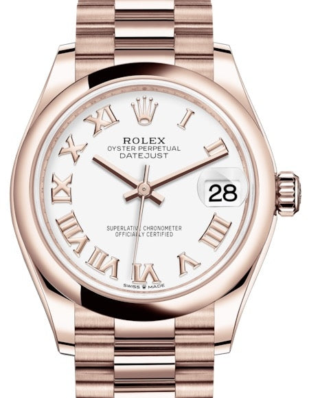 Rolex Datejust 31 Lady Midsize Rose Gold White Roman Dial & Smooth Domed Bezel President Bracelet 278245