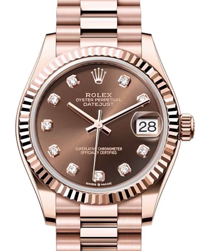 Rolex Datejust 31 Rose Gold Chocolate Diamond Dial & Fluted Bezel President Bracelet 278275