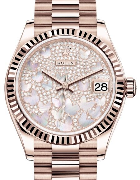 Rolex Datejust 31 Lady Midsize Rose Gold Diamond Pave Mother of Pearl Butterfly Dial & Fluted Bezel President Bracelet 278275