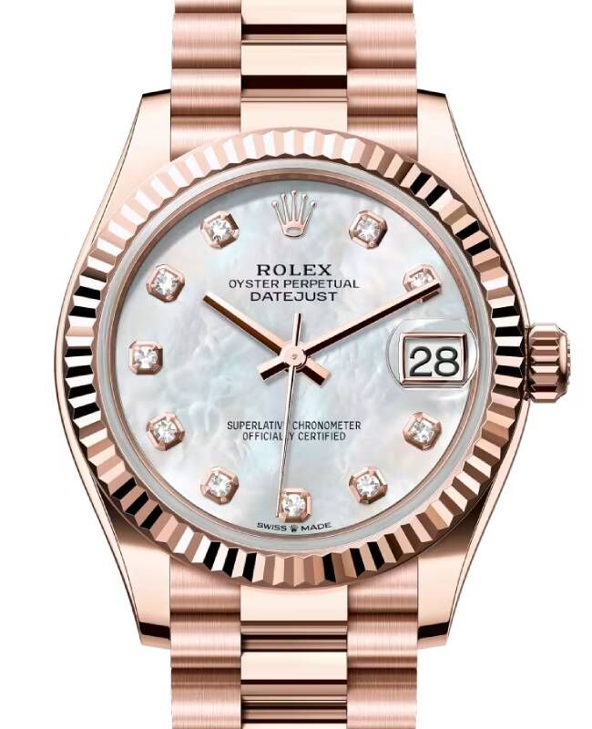 Rolex Datejust 31 Rose Gold White Mother of Pearl Dial & Fluted Bezel President Bracelet 278275
