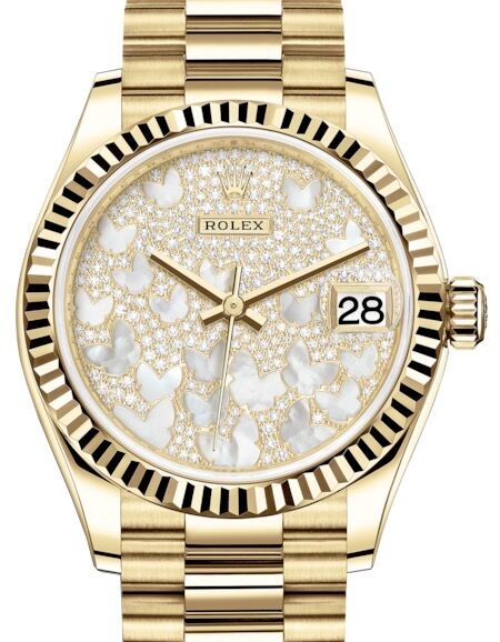 Rolex Datejust 31 Lady Midsize Yellow Gold Diamond Pave Mother of Pearl Butterfly Dial & Fluted Bezel President Bracelet 278278