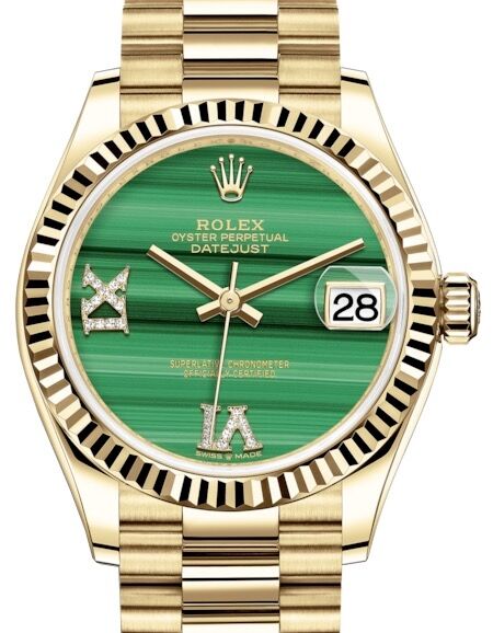 Rolex Datejust 31 Lady Midsize Yellow Gold Green Malachite VI IX Diamond Dial & Fluted Bezel President Bracelet 278278