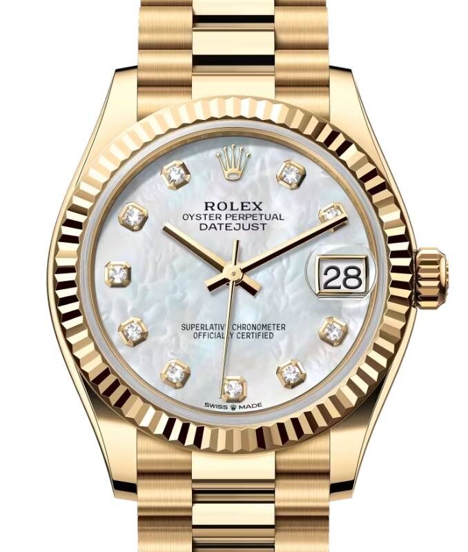 Rolex Lady-Datejust 31 President Yellow Gold White Mother of Pearl Diamond Dial & Fluted Bezel 278278