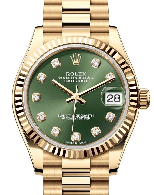 Rolex Lady-Datejust 31 Yellow Gold Olive Green Diamond Dial & Fluted Bezel President Bracelet 278278