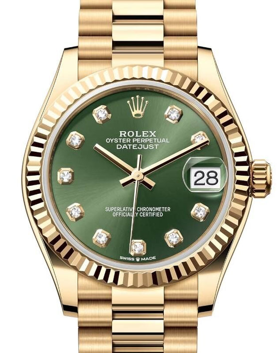 Rolex Lady-Datejust 31 Yellow Gold Olive Green Diamond Dial & Fluted Bezel President Bracelet 278278