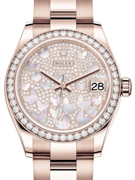 Rolex Datejust 31 Lady Midsize Rose Gold Diamond Pave Mother of Pearl Butterfly Dial & Diamond Bezel Oyster Bracelet 278285RBR