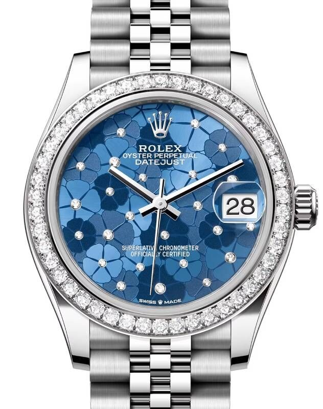 Rolex Datejust 31 White Gold/Steel Azzurro Blue Floral Motif Diamond Dial & Bezel Jubilee Bracelet 278384RBR