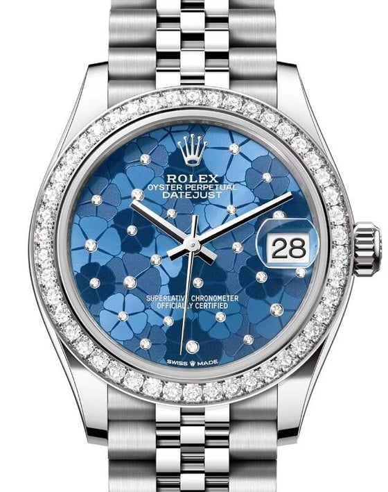 Rolex Datejust 31 White Gold/Steel Azzurro Blue Floral Motif Diamond Dial & Bezel Jubilee Bracelet 278384RBR